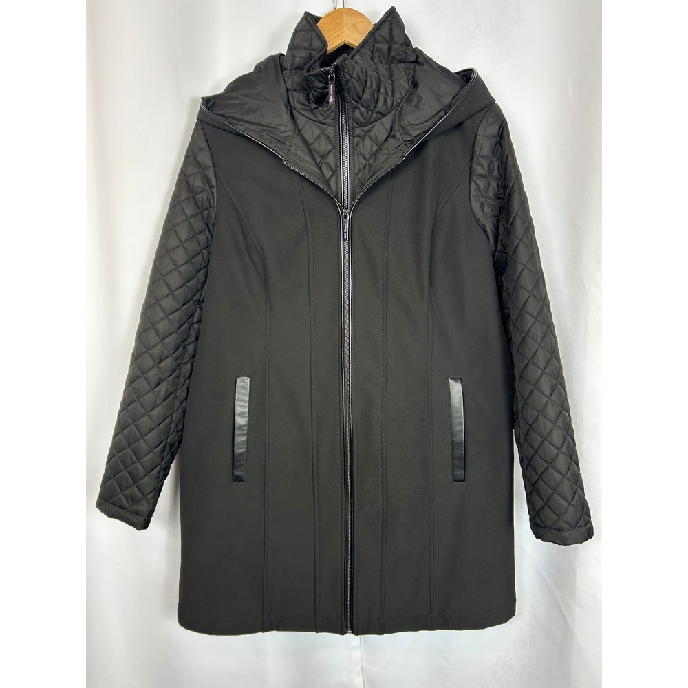 Michael Michael Kors Black Quilted Sleeve Hooded Mixed Media Coat Large‎
